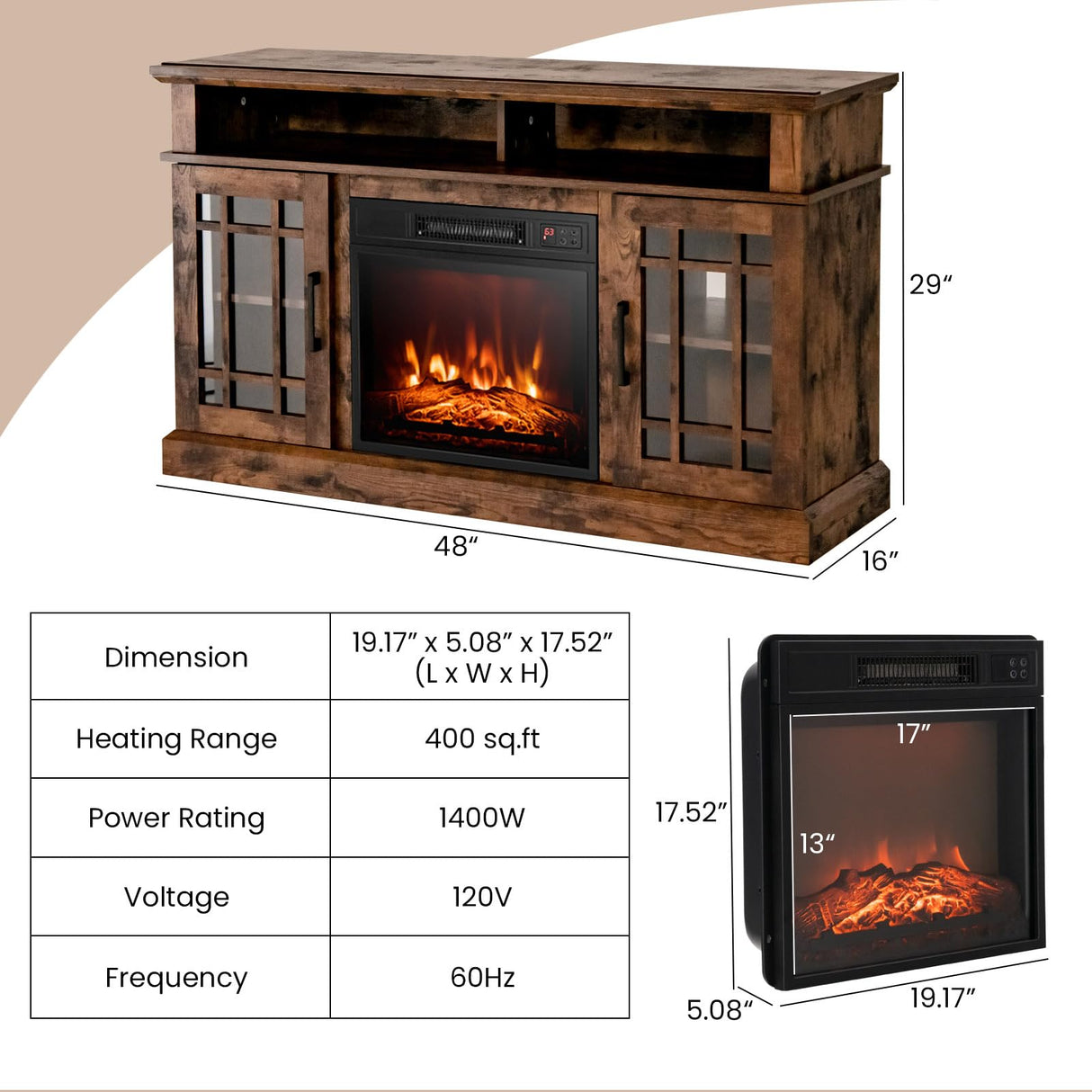 COSTWAY Electric Fireplace TV Stand for TVs Up to 55 Inches, 18-Inch Fireplace Insert with Remote, Overheat Protection, 48-Inch Wooden Media Entertainment Center with Adjustable Shelves, Brown COSTWAY