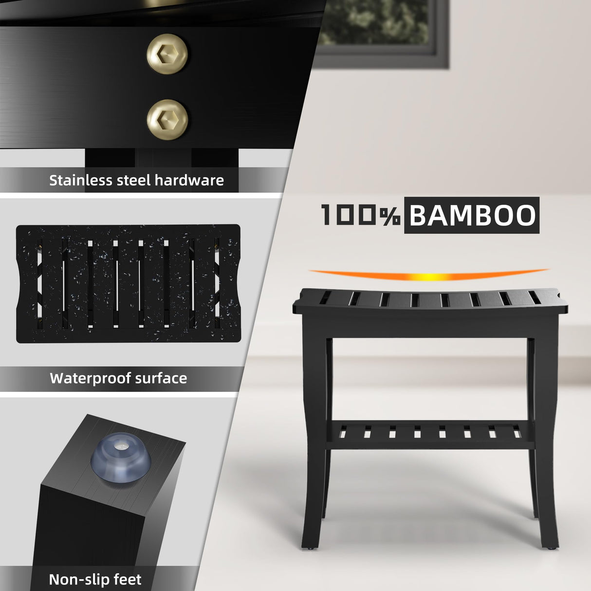 Bamboo Shower Bench & Stool Waterproof - Wood Shower Bench with Storage Shelf for Inside Shower(Black) Domax