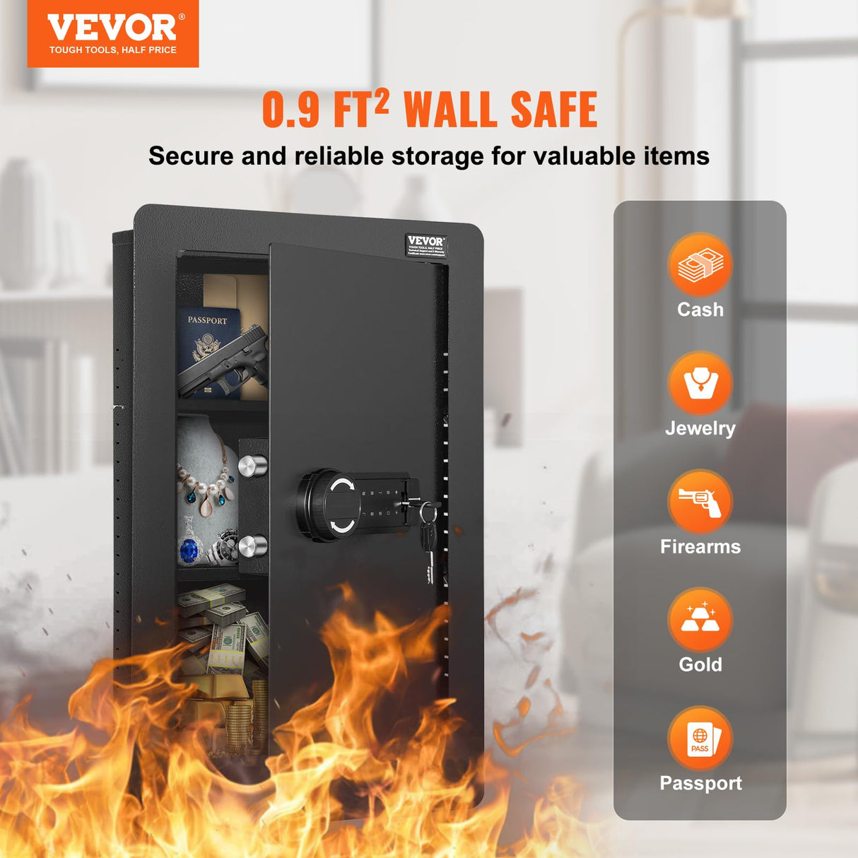 VEVOR 25.59" High Concealed Wall Safe, Keypad Access 3-Level Security Safe, Includes 3 Adjustable Shelves & 6 Hooks, Made of Durable Q235 Steel, Features LED Lighting & Alert System for Valuables VEVOR