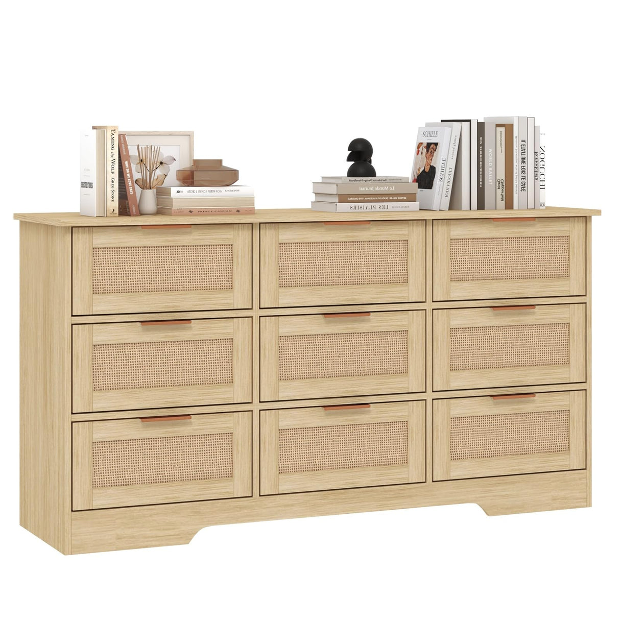 LTMEUTY 9 Drawer Dresser for Bedroom, Rattan Chest of Drawers, Modern Wood Dresser Chest with Golden Handles, 55” Wide Large Storage Long Dressers Organizer for Closet, Entryway, Living Room LTMEUTY