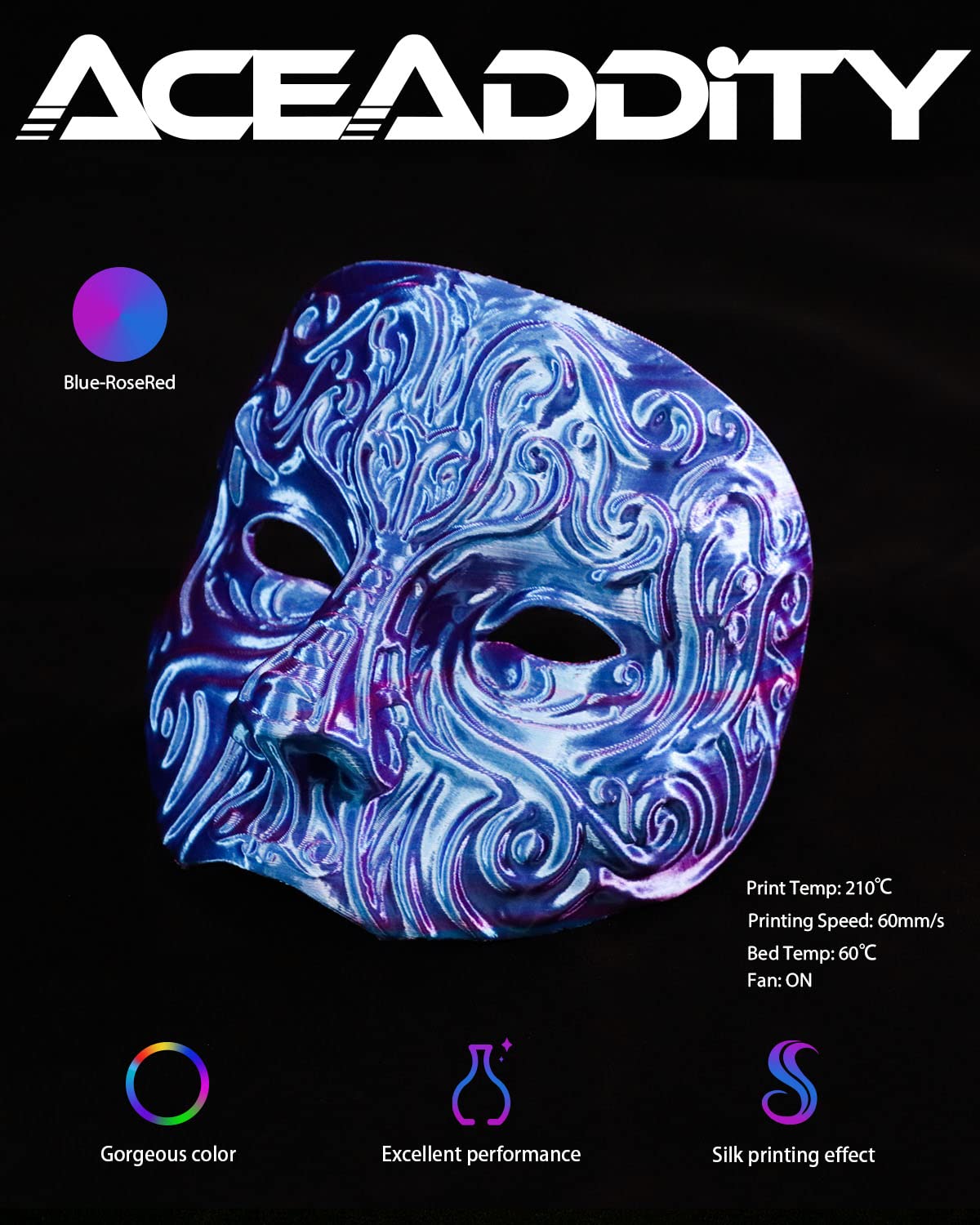 Aceaddity Silk Magic PLA 3D Printer Filament, Dual-Colour Co-Extrusion 1.75mm 3D Printing PLA Filament, Shiny Silk Coextruded PLA, Dimensional Accuracy +/- 0.02 mm, 1kg/2.2lbs (Blue-Rose Red) Aceaddity