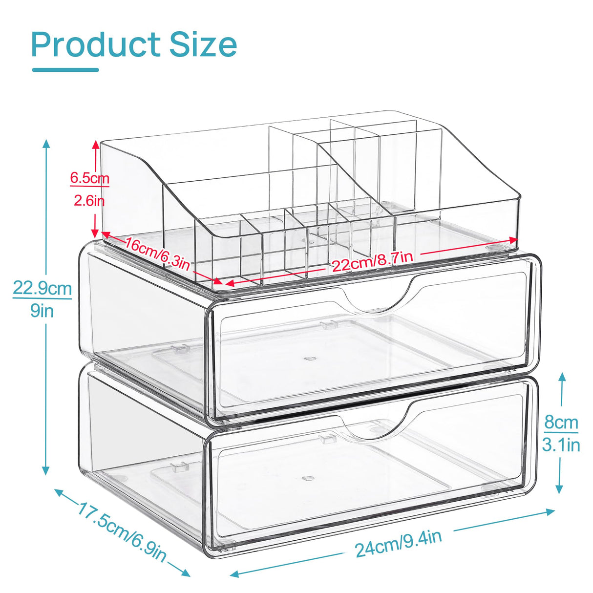 Vtopmart 3 Tier Clear Makeup Organizer with Drawer, Cosmetic Storage for Dresser Countertop and Bathroom Vanity, Beauty Holder for Lipstick Brush Skincare Vtopmart