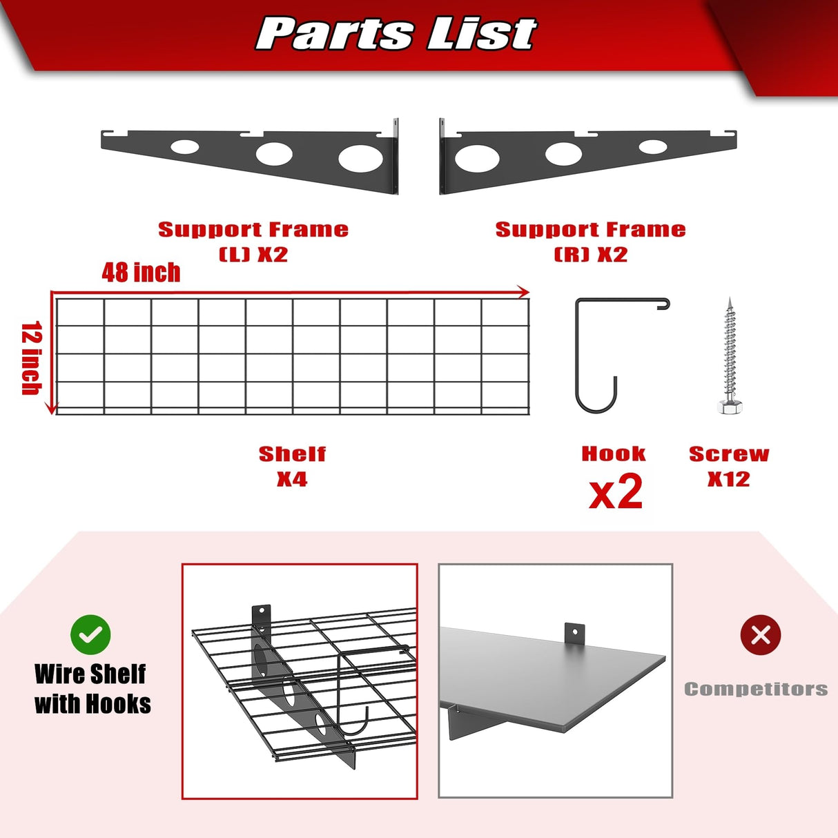 WALMANN 2 Pack Garage Wall Shelves, 2 x 4 ft/24 * 48 inch Wall Mounted Storage Shelves for Garage Heavy Duty Wall Shelving, Holds Up to 220 Lbs(Black) WALMANN