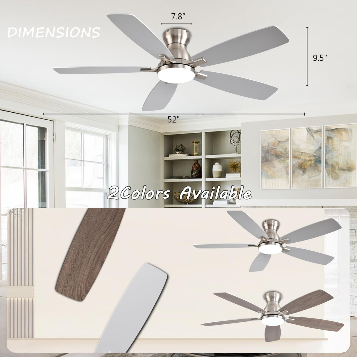 JSAITEE Ceiling Fans with Lights, 52 Inch Low Profile Ceiling Fan with Light and Remote Control, Flush Mount, DC Reversible Motor, Noiseless, Nickel 6 Speeds Ceiling Fan for Bedroom JSAITEE