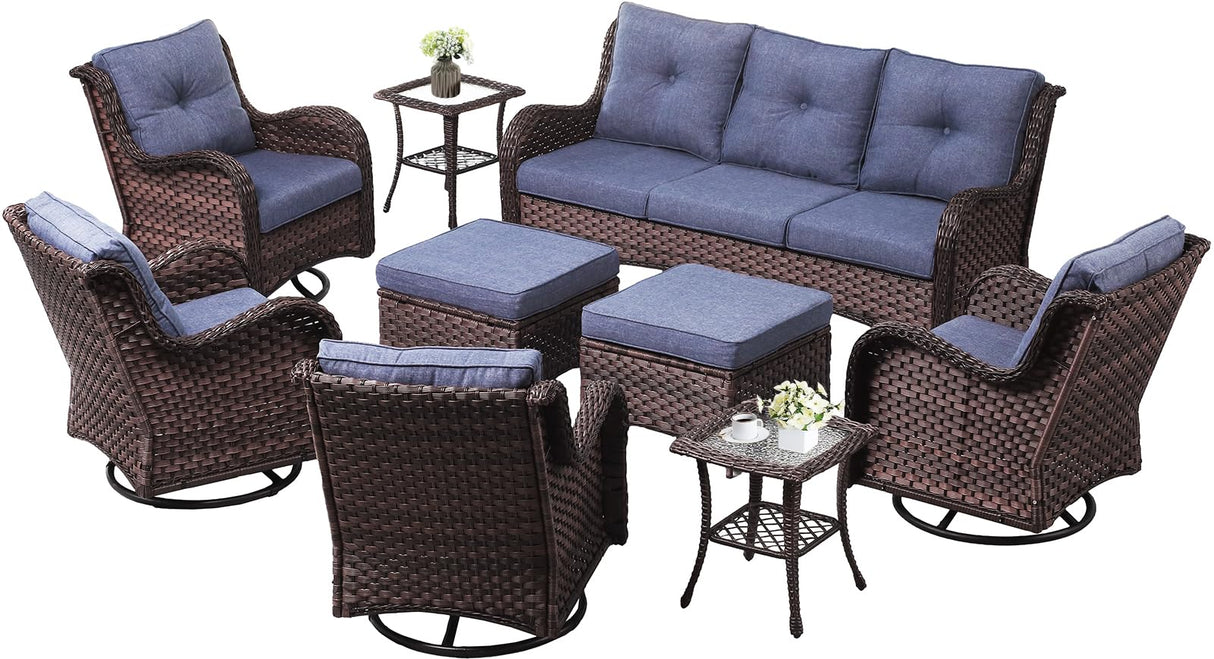 LayinSun 9 Pieces Outdoor Patio Furniture Set, Rattan Wicker Sectional Swivel Rocker Chairs Sets with Ottomans, Swivel Glider Chairs and Coffee Table LayinSun