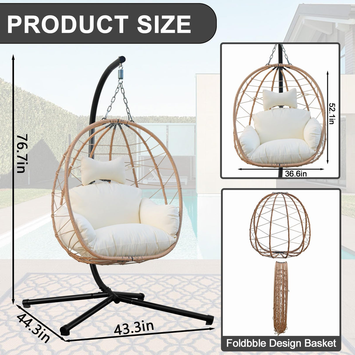 Egg Chair with Stand, Uv-Proof Pe Wicker Hanging Chair for Outdoor Patio, Cushioned Hammock Swing for Bedroom Garden Indoor/Outdoor, Double-Zipper Structure Hanging Egg Chair (Yellow and White) VERASCOT