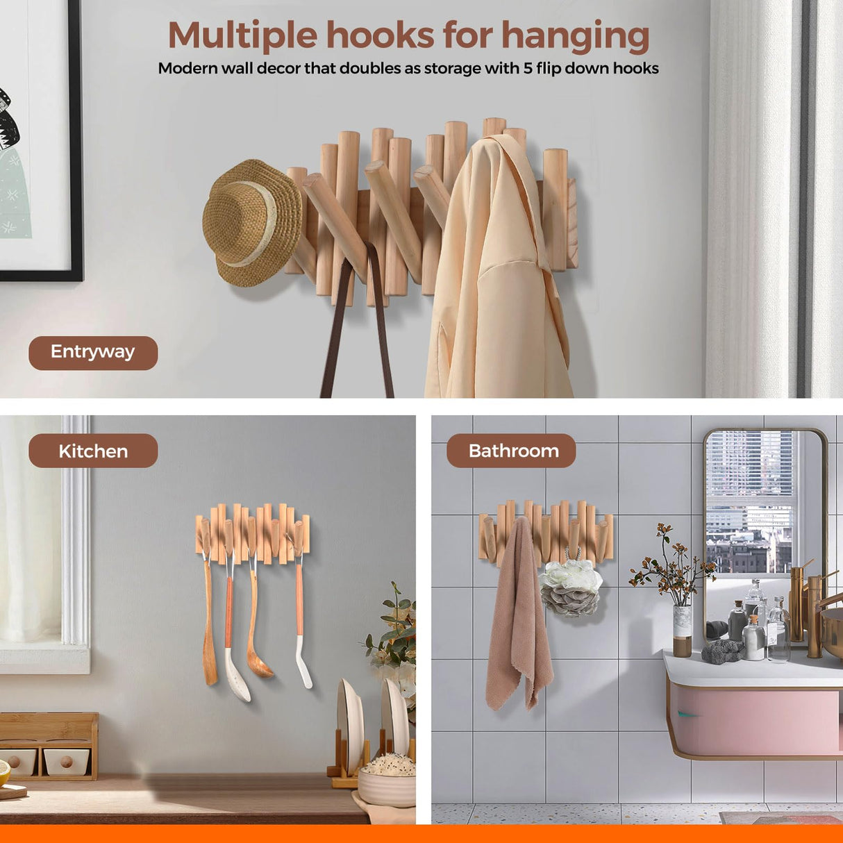 BIRTIMO Wall Mounted Coat Rack with 5 Retractable Wooden Pegs – Modern Design, Space-Saving Storage Organizer in Natural Wood BIRTIMO