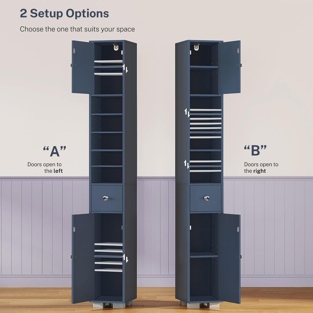 TEENFON Bathroom Cabinet, Narrow Bathroom Storage Cabinet with 5 Adjustable Shelves & Drawer, Freestanding Cupboard for Small Spaces, Blue TEENFON