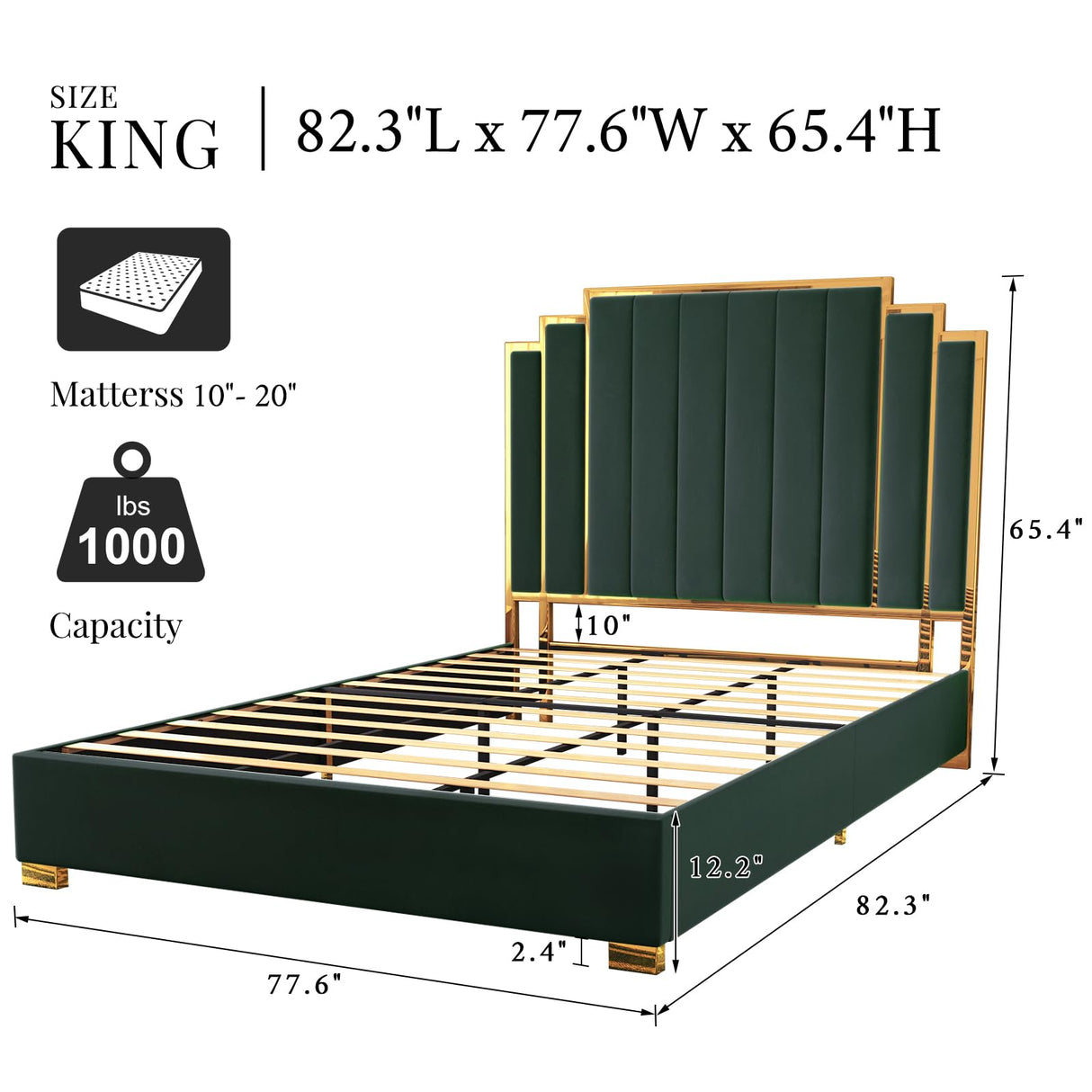 Albott King Size Platform Bed Frame, 65" Velvet Upholstered Bed with Gold Trim Headboard/Wooden Slats/No Box Spring Needed/Green Albott