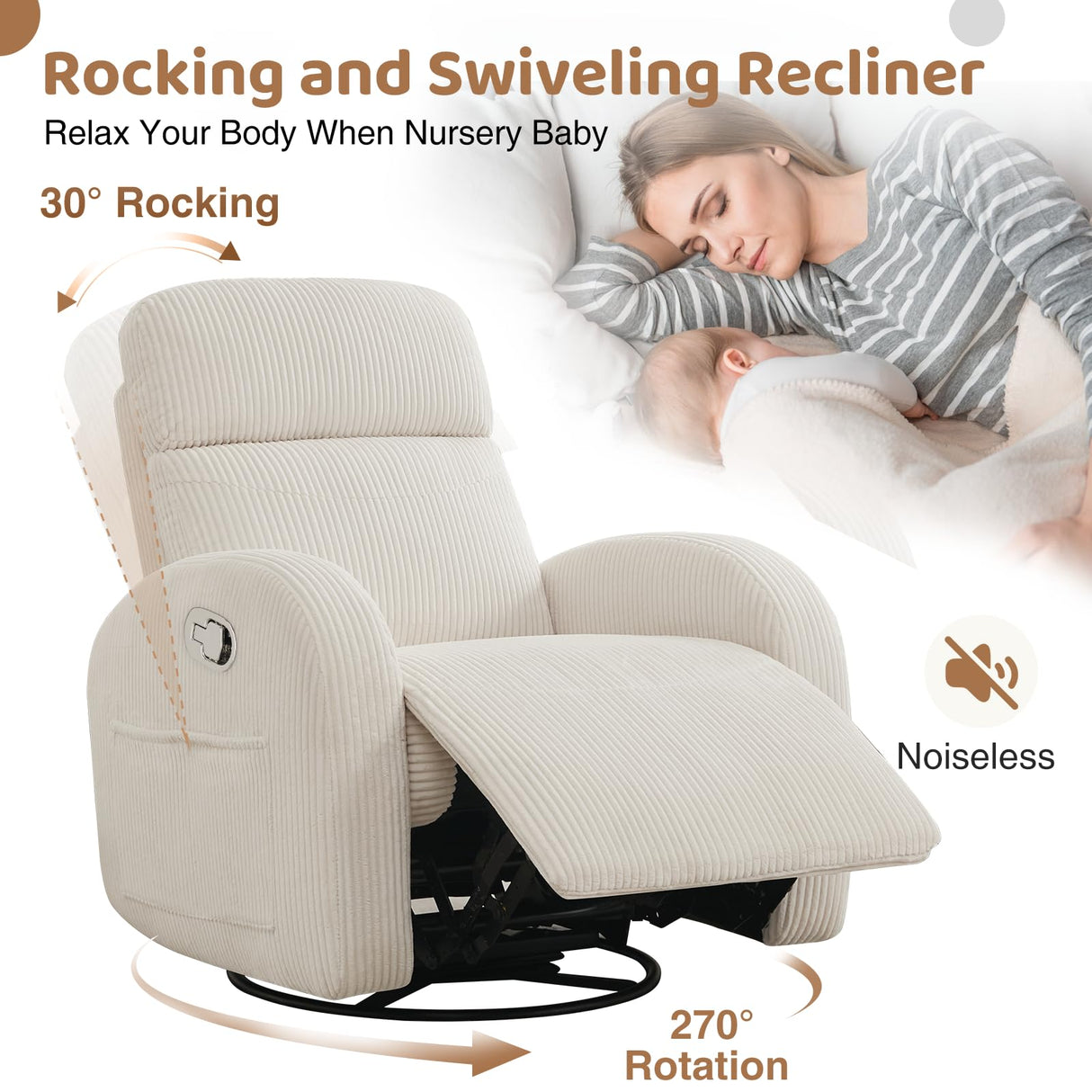 AEMEIOS Swivel Recliner Rocker Nursery, Nursering Glider Recliner, Manual Swivel Rocking Reclining with Double Pockets for Living Room, Corduroy Cream White AEMEIOS
