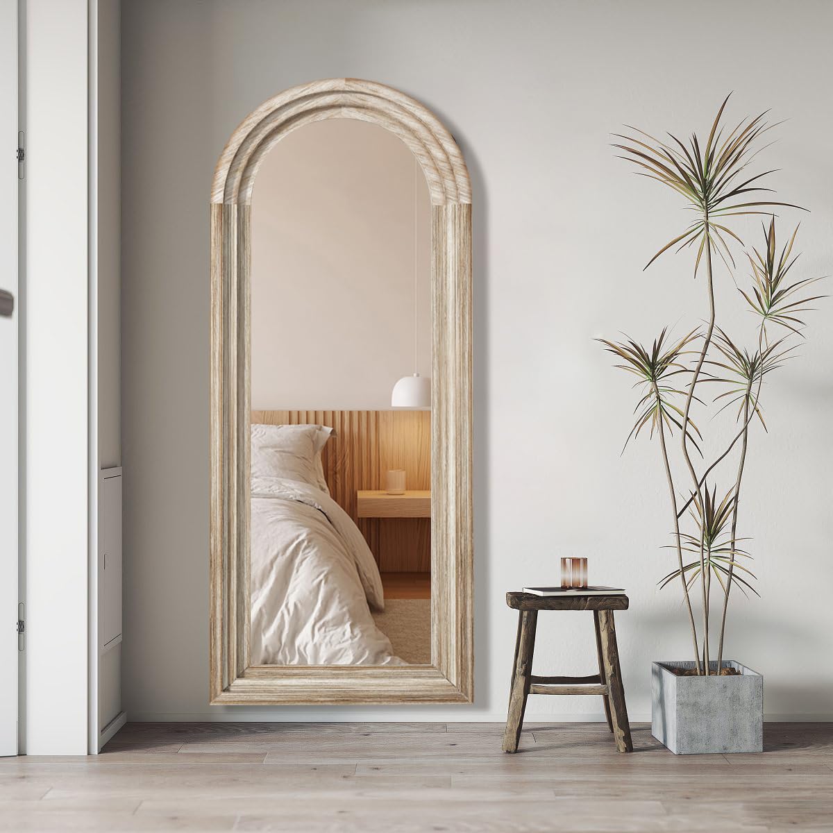 CASSILANDO Full Length Mirror Arched 65"x24" Wood Wall Full Length Distressed Large Floor Mirror for Living Room, Bedroom, Entrance.(Weathering White) CASSILANDO
