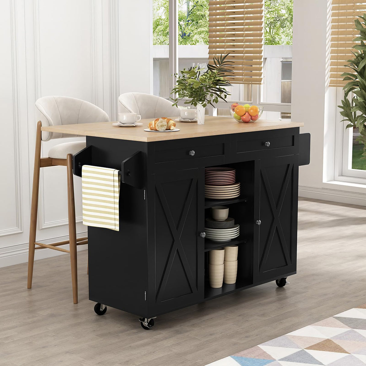 HLR Kitchen Island On Wheels, Rolling Kitchen Island Cart with Drop Leaf Countertop, Barn Door Kitchen Island Table with Storage Cabinet and Tower Rack, Island Table for Kitchen HLR