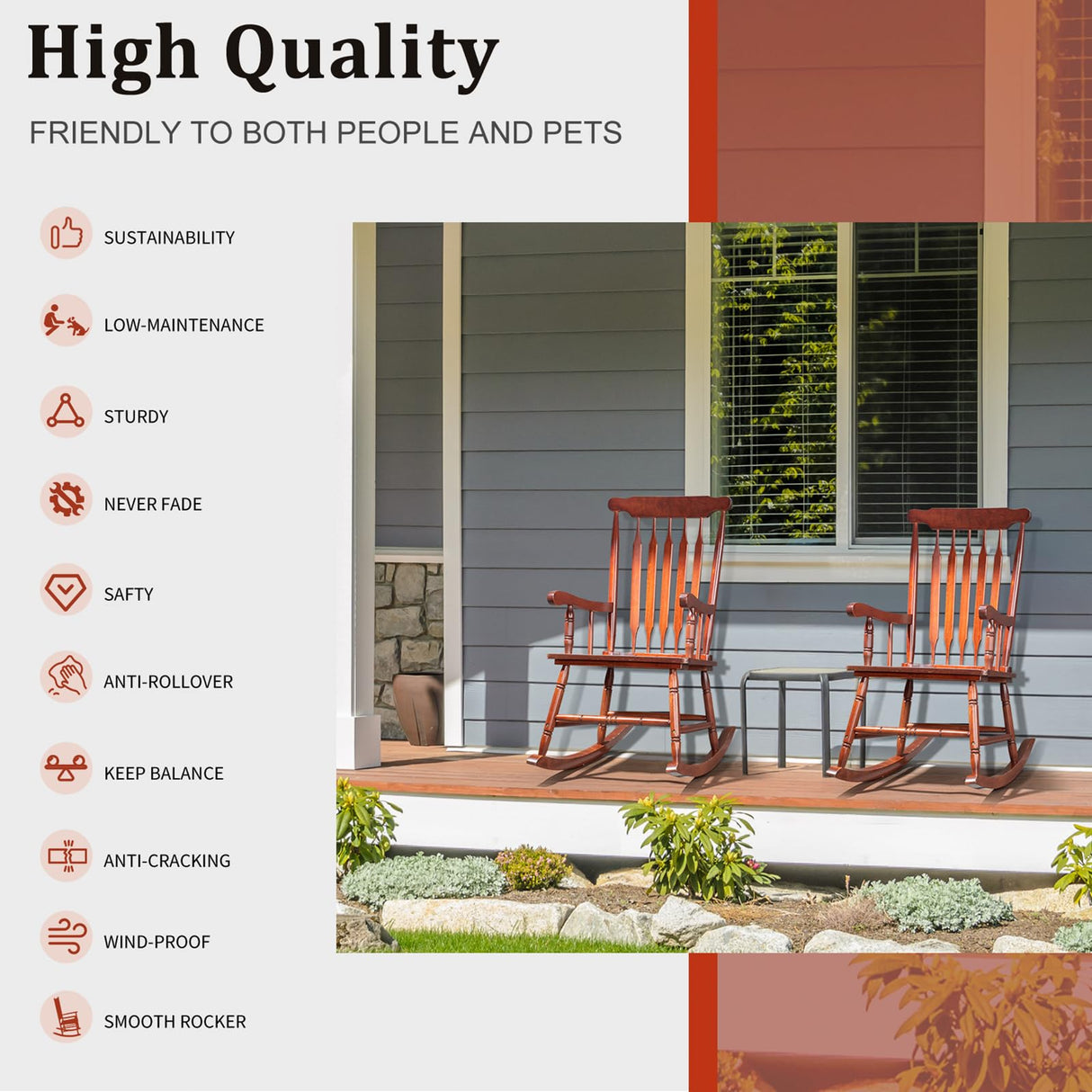 Outvita Outdoor Rocking Chair, Solid Wooden Frame High Back Rocker, All Weather Lounge Chair for Indoor, Garden, Patio, Balcony, Backyard Porch Rocker (1, Natural) Outvita