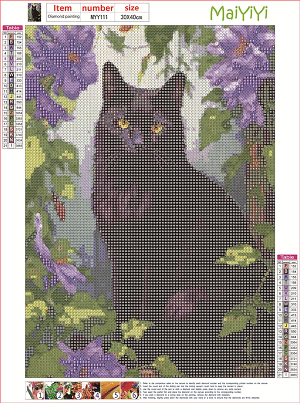 MaiYiYi Black Cat Diamond Painting by Numbers, 5D Full Round Drill Pet Cat Diamond Painting Cross Stitch Kit, Flower Cat Diamond Dots Art for Adult Beginners Home Wall Art Decor (30X40 CM) MaiYiYi