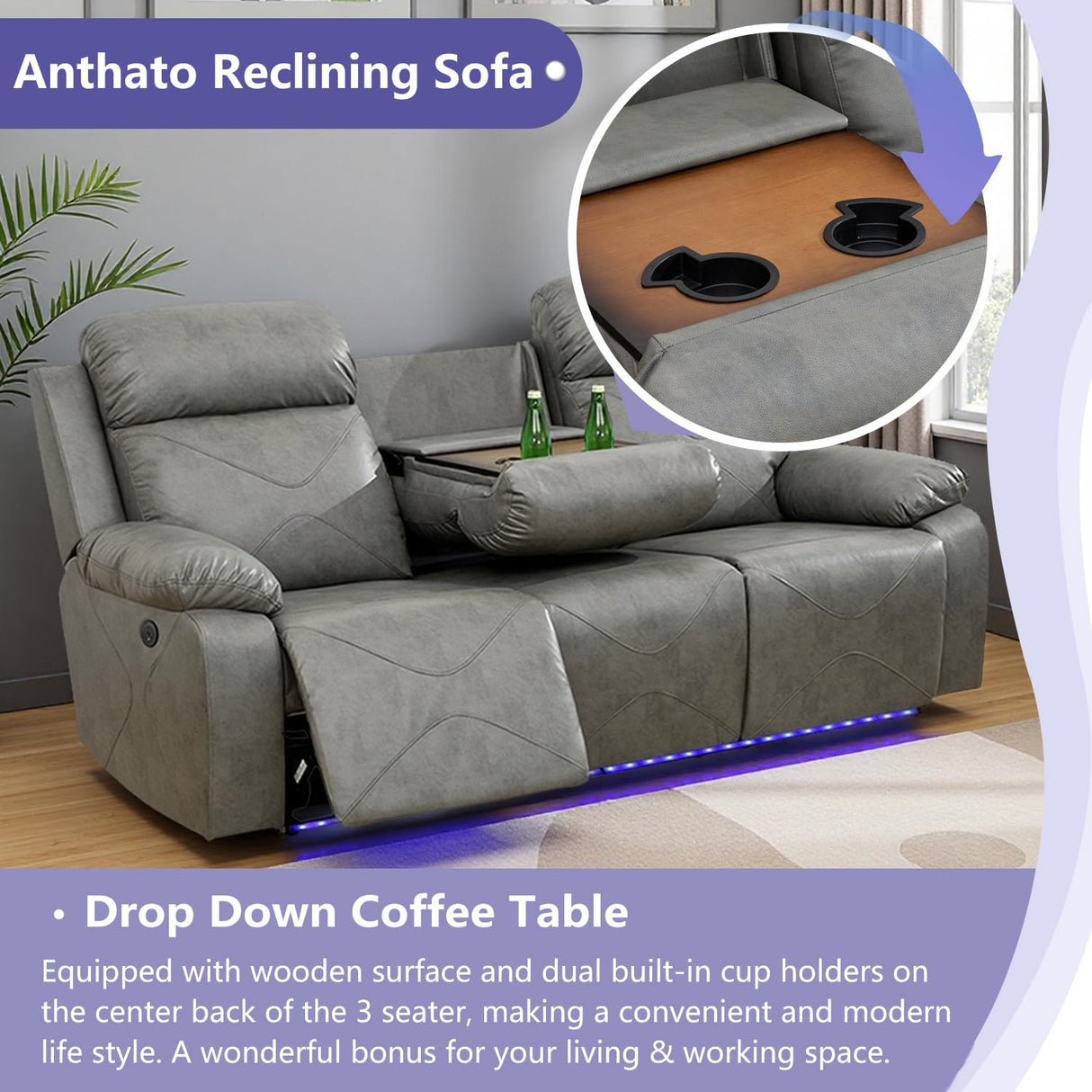 Anthato Power Recliner Sofa Set, Living Room Furniture Sets, 3-Piece Reclining Leather Sofa Loveseat Chair, Living Room Couch Set with Cup Holders/Coffee Table/LED Light for Home Theater/Office,Grey#2 Anthato