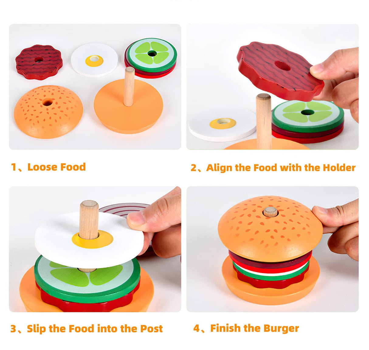Wooden Burger Sandwich Stacking Toys for Kids, Play Food Toy for Toddlers, Montessori Toys for 3 Year Old, Preschool Educational Toys to Develop Fine Motor Skills MIKNEKE