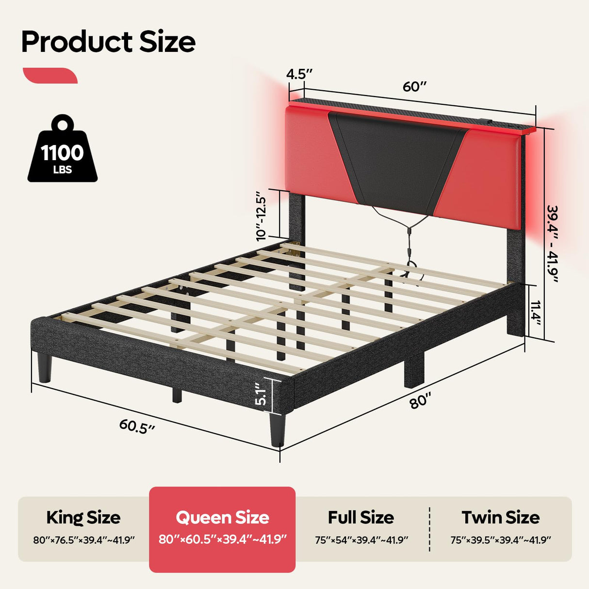 Bestier Queen Bed Frame with Headboard and LED Light, Faux Leather Upholstered Platform Bed with Storage Shelf, Gaming Style Bed Base, Wood Slat Support, Never Squeaks, No Box Spring(Black-Red) Bestier