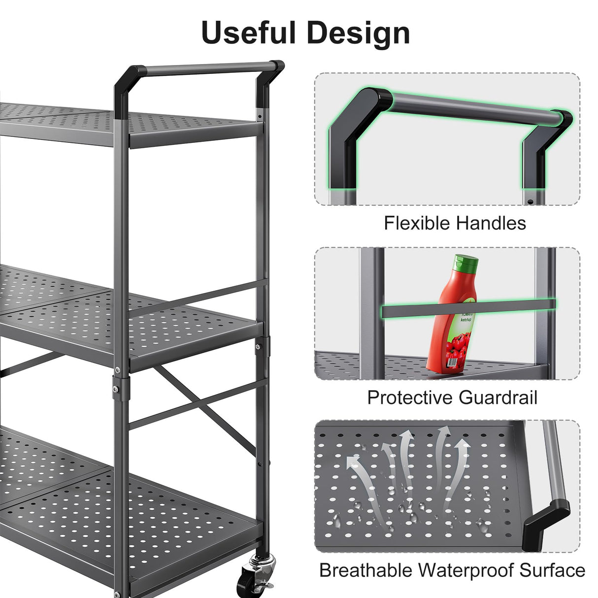 HKWOTINHA Folding Rolling Cart with Wheels - 3 Tier Collapsible Utility Cart, Metal Service Cart (Large) HKWOTINHA
