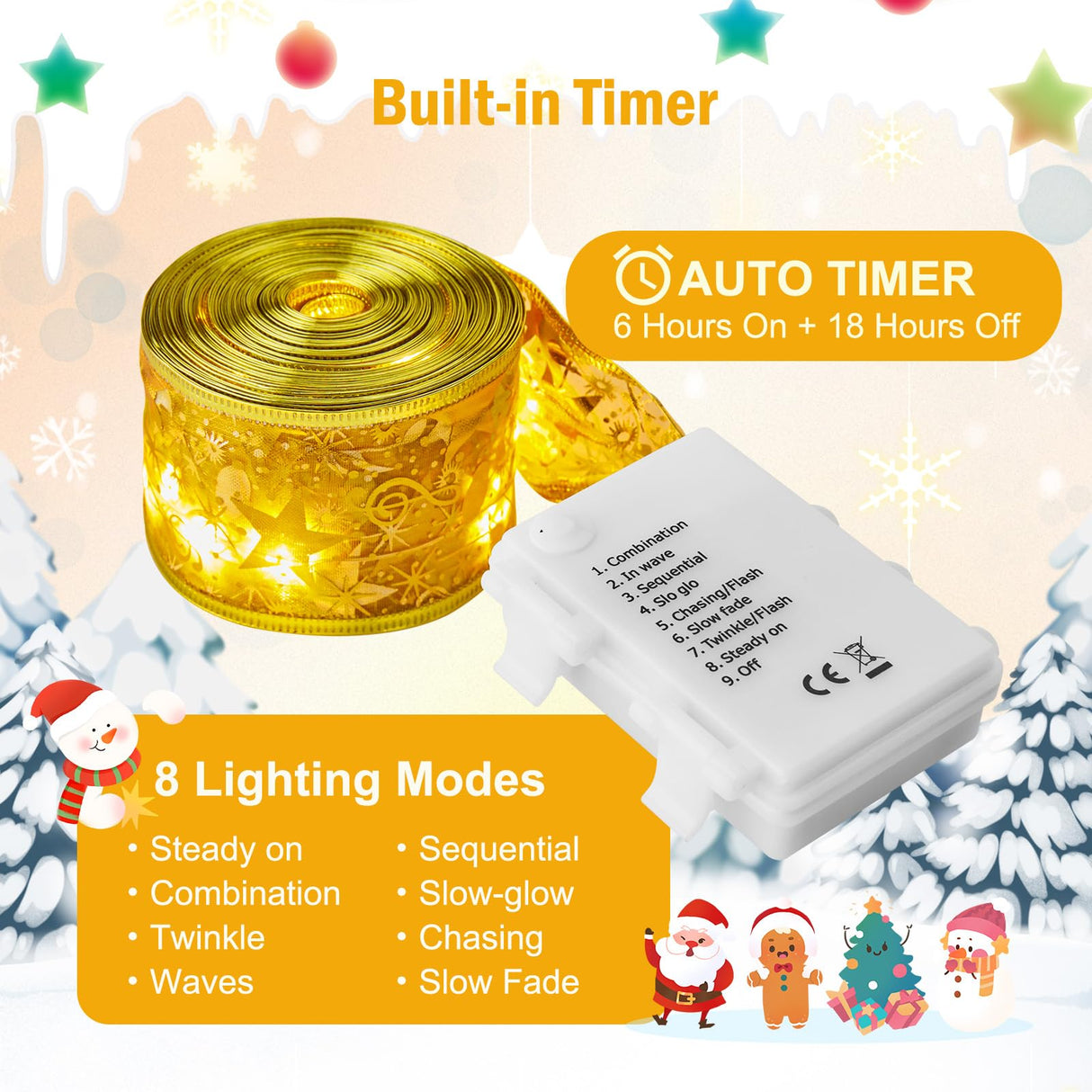 Minetom Christmas Tree Ribbon String Lights - 33ft 100 LED Battery Powered Fairy Lights with Timer and 8 Lighting Modes, Christmas Ribbon Bows Lights for 6ft - 8ft Christmas Tree New Year Decor, Gold Minetom