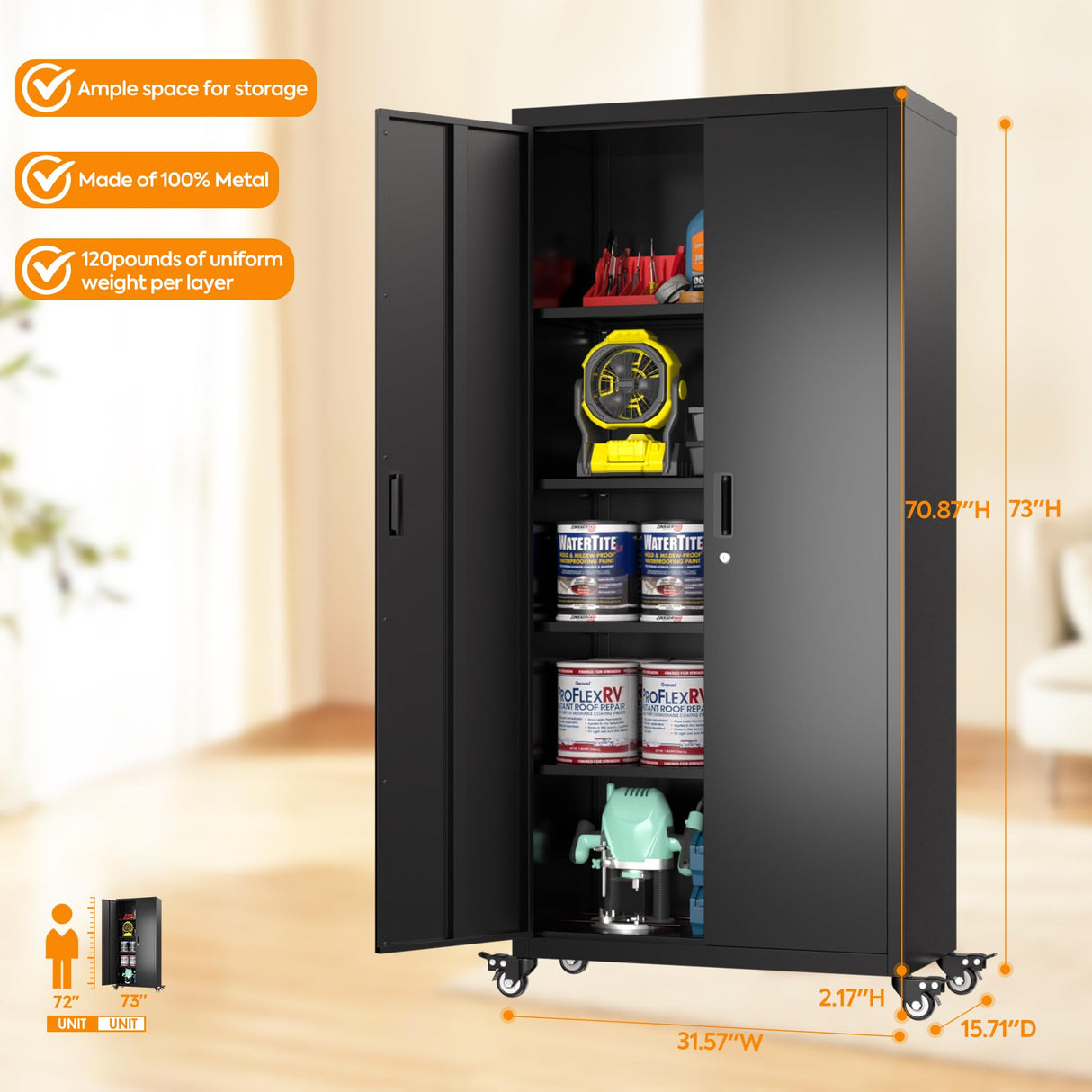 Aobabo 73" H Metal Storage Cabinet with Wheels for Garage, Rolling Tool Cabinet with 4 Shelves, for Home Office, Black, Assembly Required Aobabo