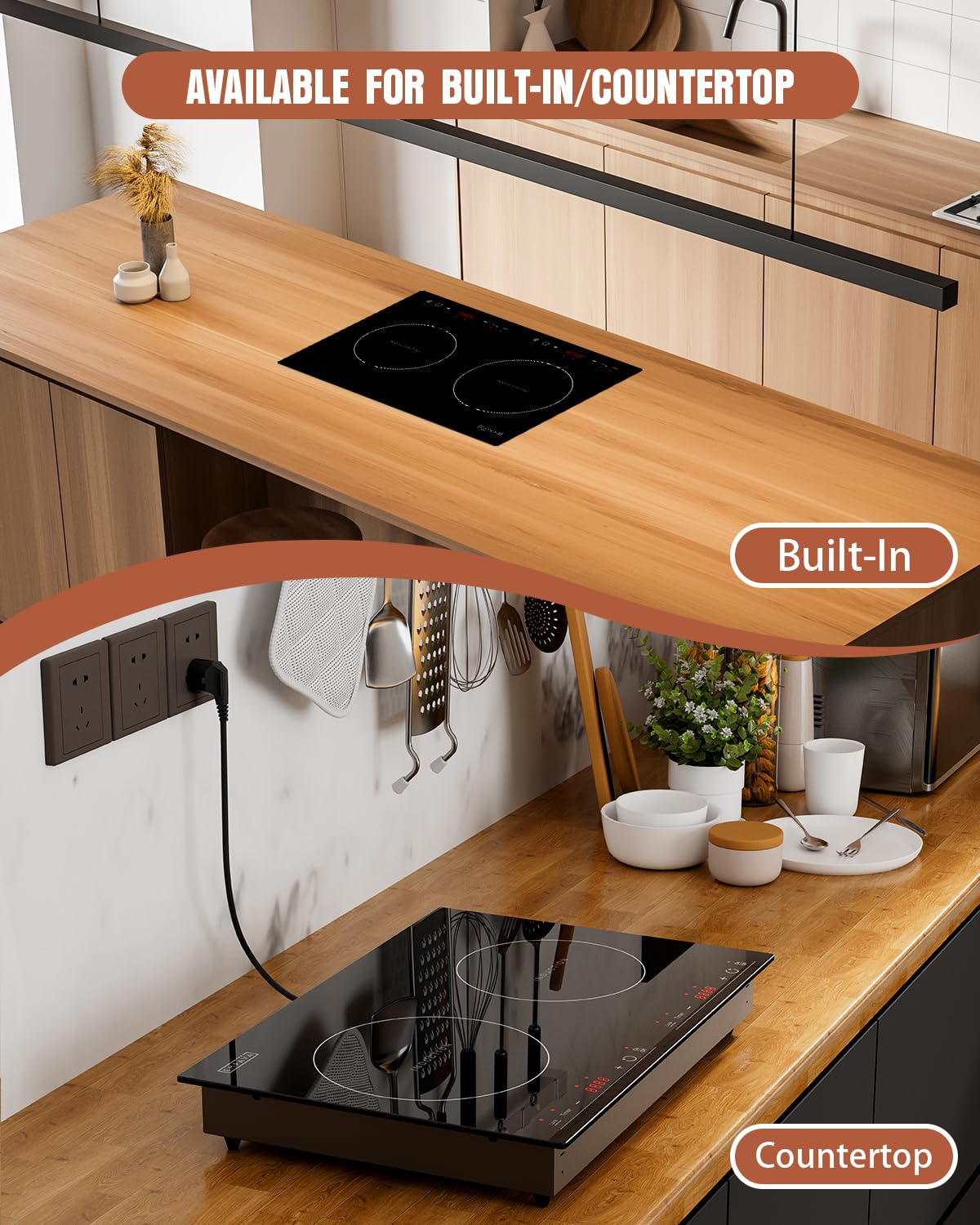 Empava IDC12B2 Horizontal Electric Stove Induction Cooktop with 2 Burners in Black Vitro Ceramic Smooth Surface Glass 120V, 12 Inch Empava