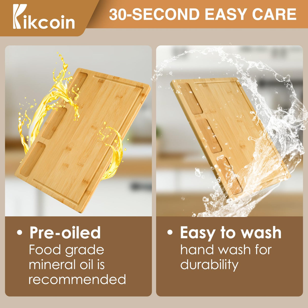 Bamboo Cutting Boards for Kitchen, (Set of 3) Kitchen Chopping Board with 3 Built-In Compartments and Juice Groove Heavy Duty Serving Tray Wood Kikcoin