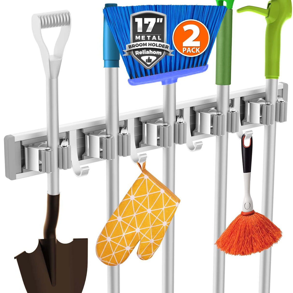 reliahom 2 Pack Broom Holder Wall Mount Mop and Broom Hanger Wall Mounted Garage Storage Rack Kitchen Garden Tool Organizer (5 Racks with 4 Hooks, Silver) reliahom
