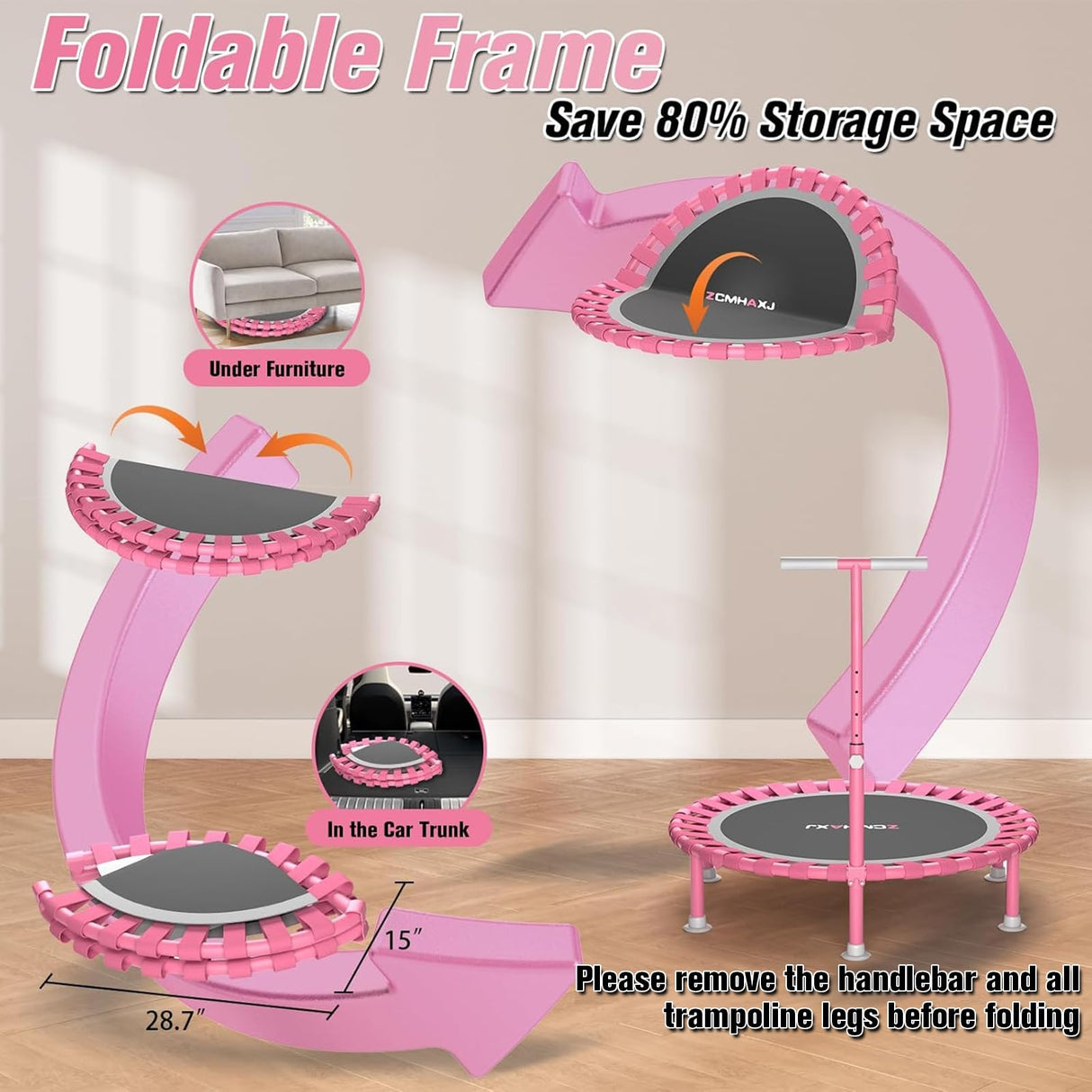 ZCMHAXJ Foldable Mini Trampoline, 40" Rebounder Trampoline for Adults & Kids, 450lbs Capacity with T-Shaped Adjustable Bar, Indoor Fitness Workout Exercise Equipment ZCMHAXJ