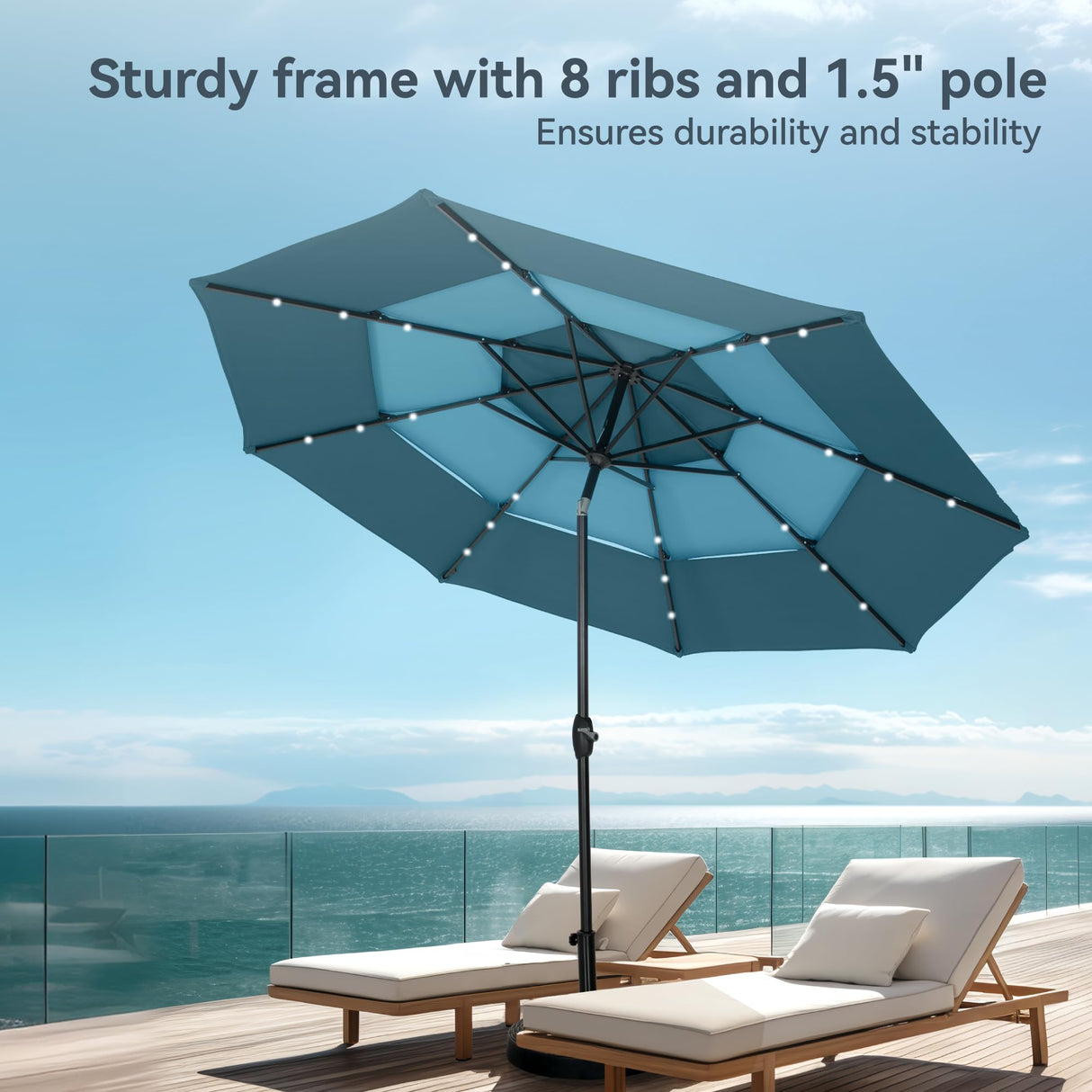 PHI VILLA 10ft Patio Umbrella with Solar Lights, Outdoor 3 Tier Vented Large Market Table Umbrella with 8 Sturdy Ribs and 1.5" Umbrellla Pole for Lawn Poolside Garden Terrace, Peacock Blue & Cerulean PHI VILLA