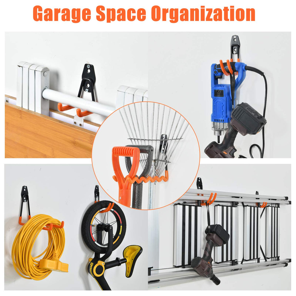 AOBEN Garage Hooks,24Pack Heavy Duty Garage Hanger Organizer Anti-Slip Double Wall Garage Storage Hooks for Ladder, Power Tool,Bike,Ropes (23 Hooks & 1 hoder Strap)-Orange AOBEN