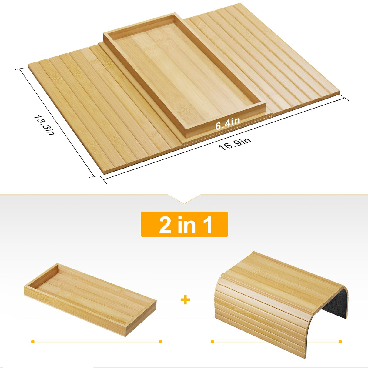 Bestjing Bamboo Sofa Armrest Tray Table for Couch - 2-in-1 Couch Arm Table Tray with Be Slide Detachable Tray - Anti-Slip Foldable Armchair Table Tray for Drinks Cup Cellphone Remote Snacks (Bamboo) Bestjing