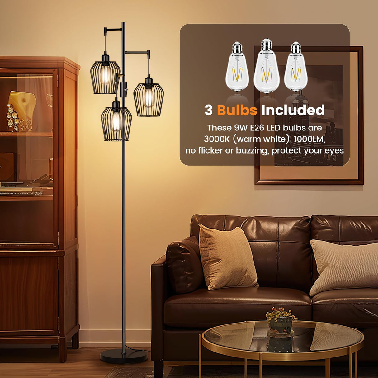 SIBRILLE Dimmable Floor Lamp, Farmhouse Industrial Floor Lamp with Elegant Cage & 3 x 1000LM LED Bulbs, Tall Standing Lamp Modern Floor Lamp Black Tree Floor Lamps for Living Room Bedroom Office SIBRILLE