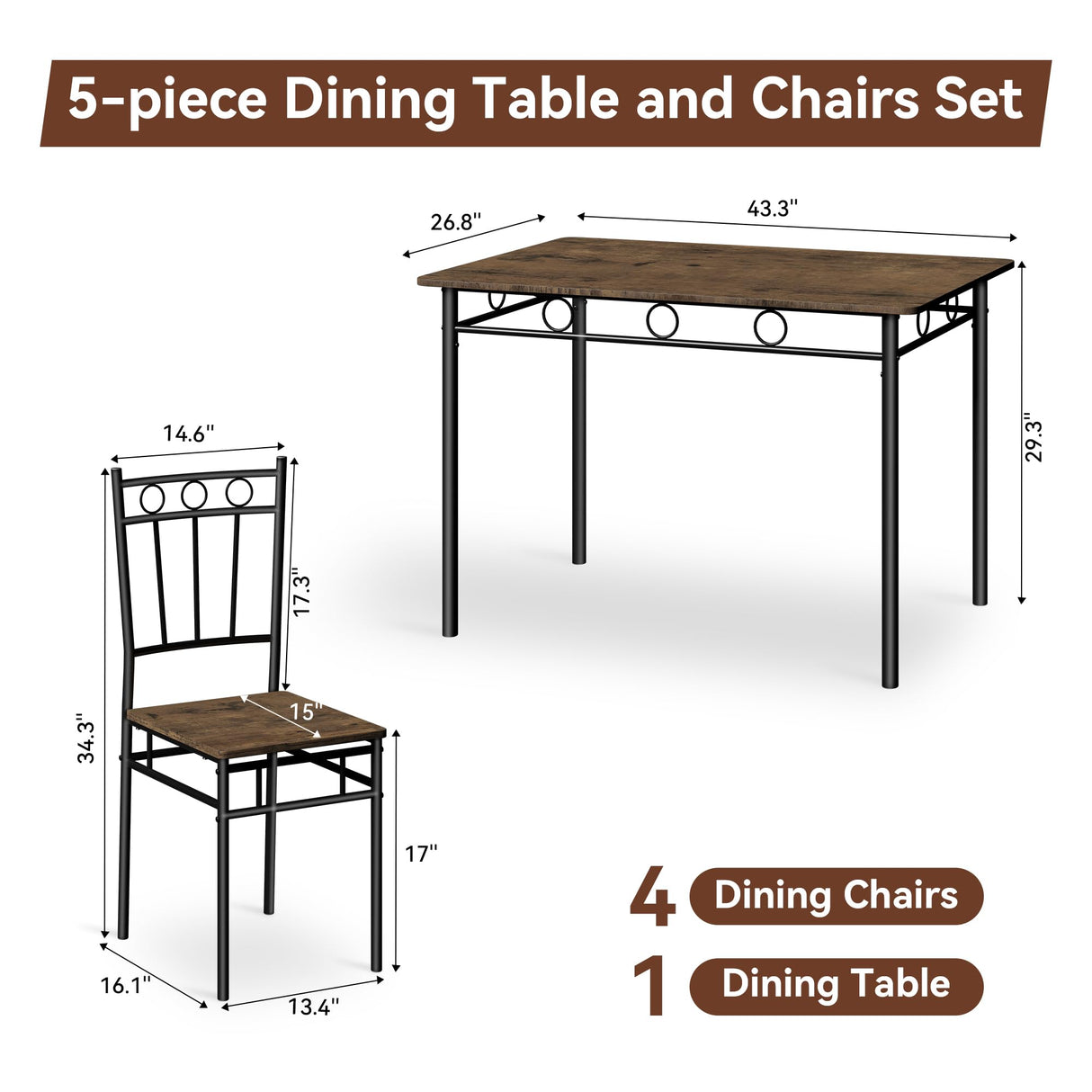Vipbear Kitchen Dining Table Set for 4, 5-Piece Kitchen Table Set,Dining Room Table Sets,Rectangular Kitchen Table Set with 4 Chairs for Small Space, Dinette,Apartment, Rustic Brown Vipbear
