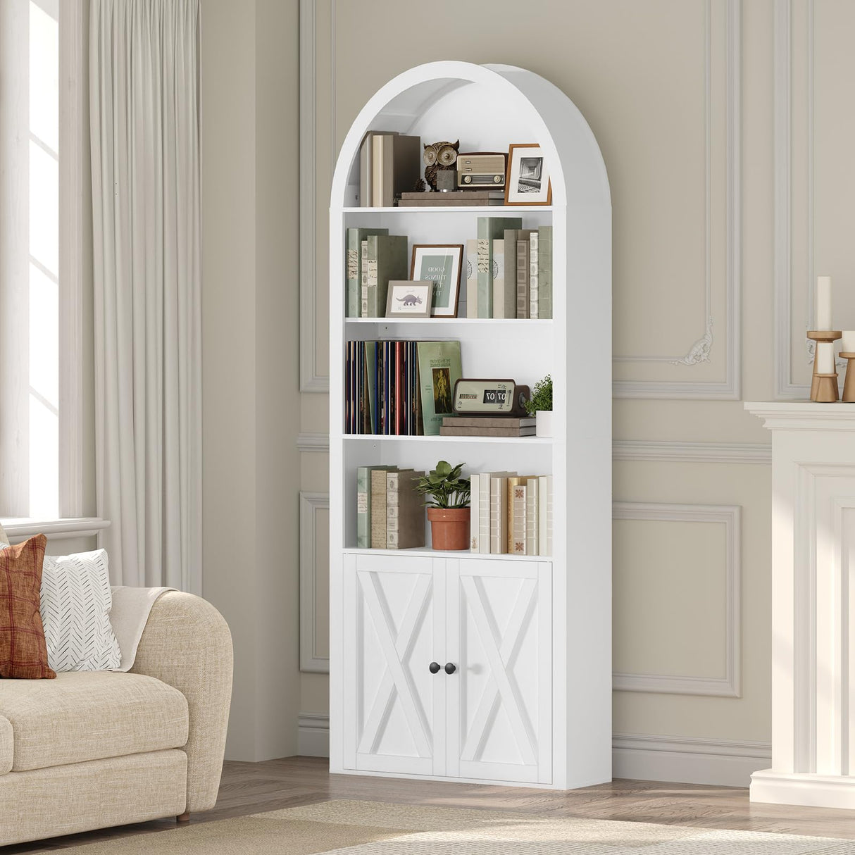 MAHANCRIS 6-Tier Bookshelf, 70.9'' Farmhouse Arched Bookcase with Cabinet, Freestanding Engineered Wood Display Bookshelf, with Adjustable Shelves, for Living Room, Study, Kitchen, White BKWT2501 MAHANCRIS