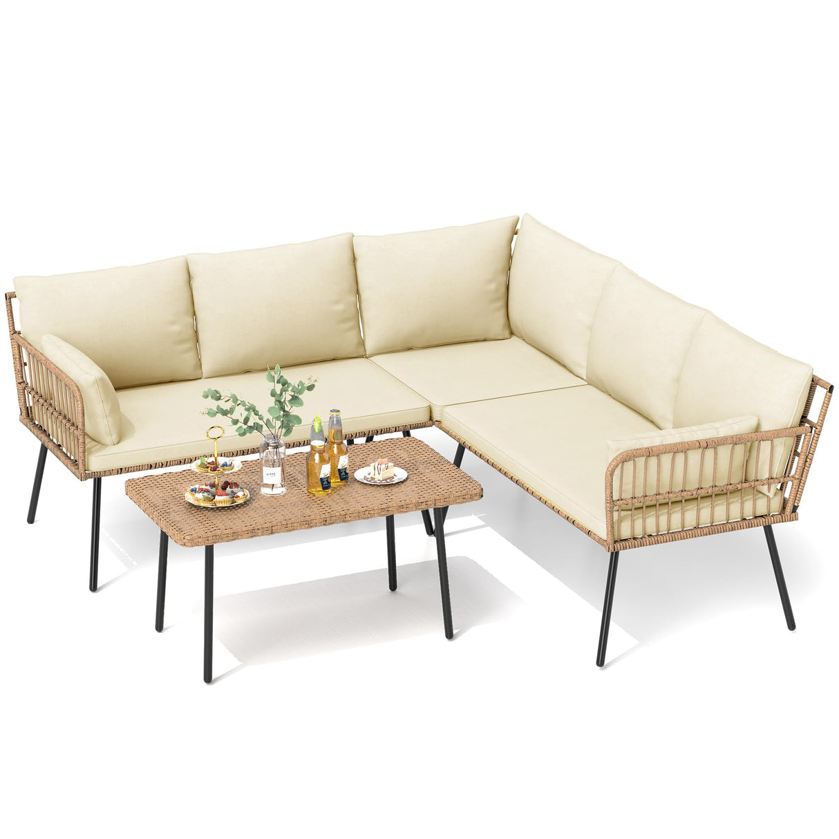 DWVO Patio Furniture Set, 4 Pieces Outdoor Patio Conversation Set, All-Weather PE Rattan Sectional L-Shaped Sofa with Soft Cushion and Side Table for Backyard, Porch, Boho Detachable Lounger (Beige) DWVO