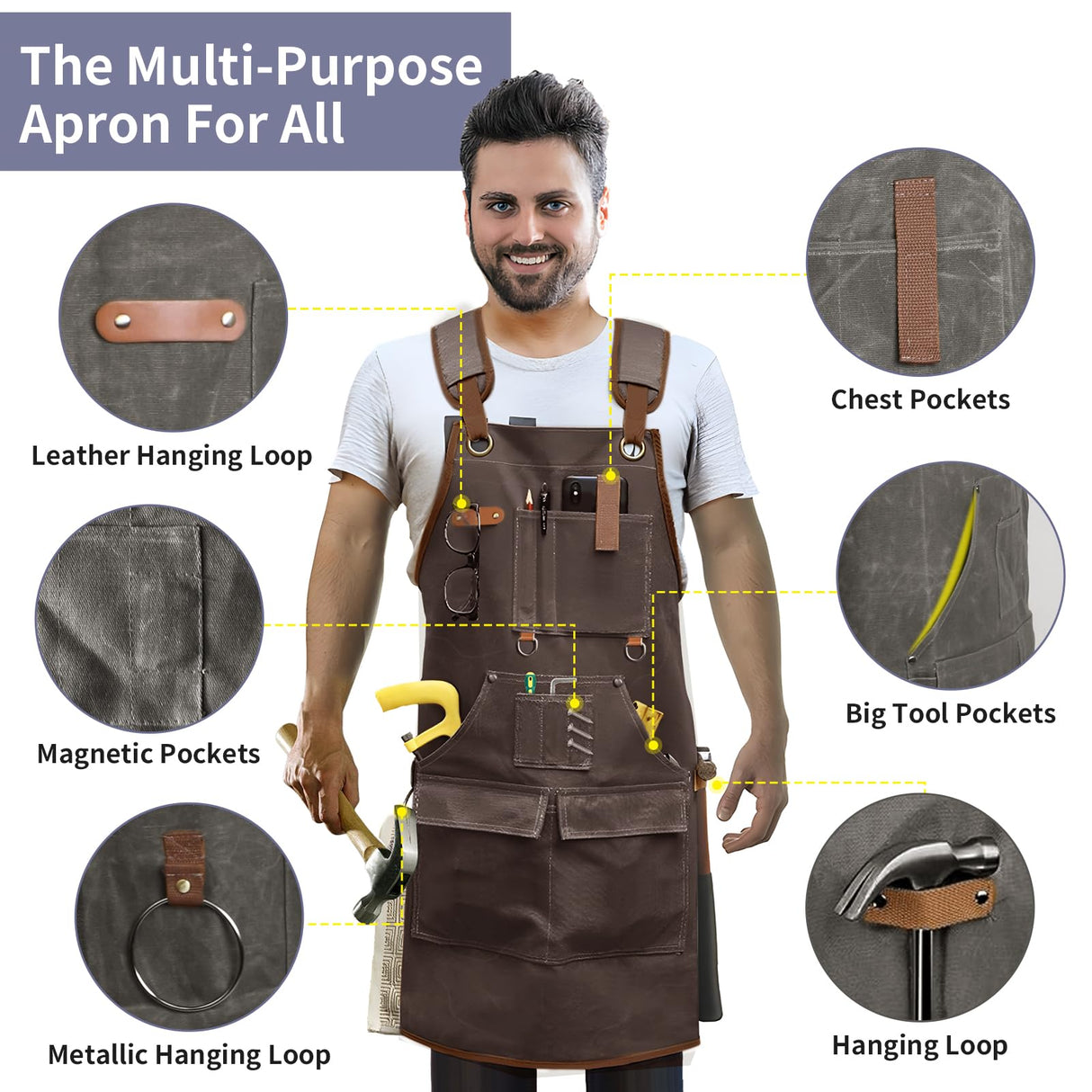 Lumil Waxed Canvas Woodworking Apron, Woodworking Apron for Men, 22oz with 9 Pockets & Cross Back Straps, Work Carpenter Shop Aprons for Men and Women, BBQ, Cooking, and Workshop, Mechanic (Brown) Lumil