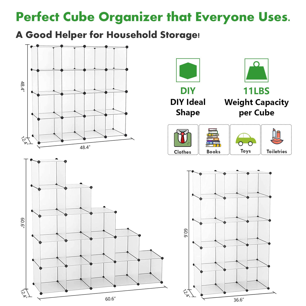 C&AHOME Cube Storage Organizer, 16-Cube Shelves Units, Plastic Storage Cubes, DIY Closet Organizer, Modular Closet Storage Shelves Ideal for Home, 48.4" L × 12.4" W × 48.4" H Transparent SUM3016W C&AHOME