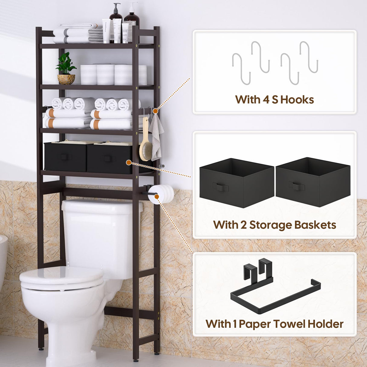 Cozivolife Over The Toilet Storage with 2 Baskets, 4-Tier Bamboo Organizer Rack with Paper Holder & 4 Hooks & Waterproof Feet Pad,Freestanding Shelf for Bathroom(Brown) Cozivolife