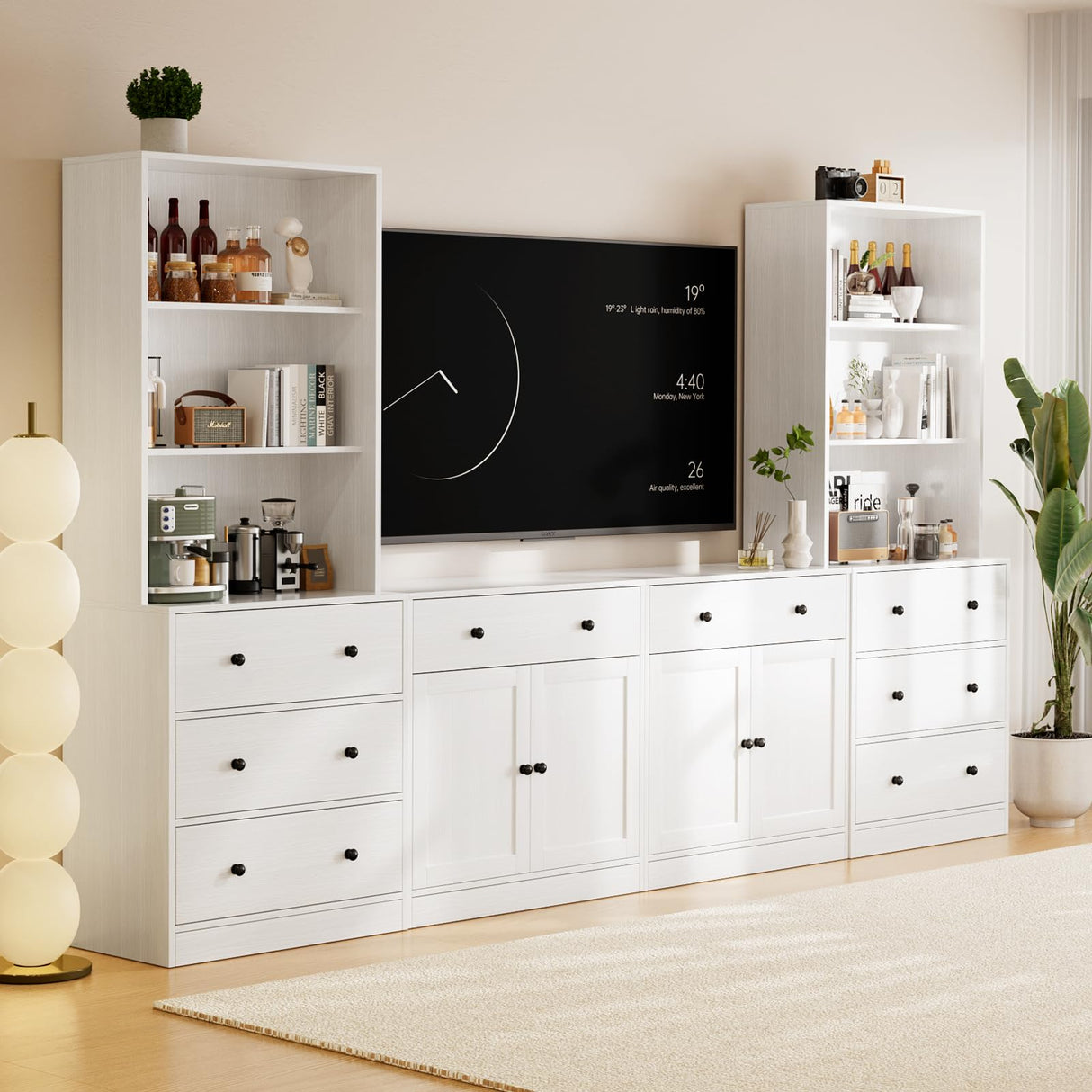 TUSY 4-Piece Large TV Stand with Bookshelves for TVs up to 75", TV Entertainment Center Media Center with Tempered Glass Doors and Shelves, TV Hutch for Living Room White (2A+2C) TUSY