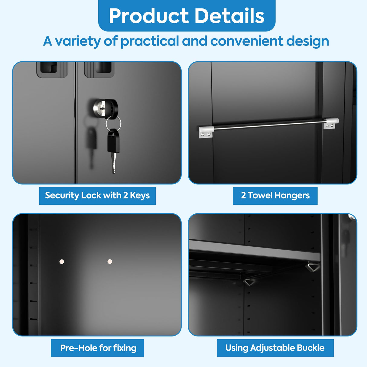 GangMei Garage Storage Cabinet with Wheels and 5 Pegboard, Broom Closet Storage Cabinet with Hanging Rod and 13 Hooks, Metal Cabinets with 4 Shelves for Garage, Home, 71"H x 31.5"W x 15.75"D, Black GangMei