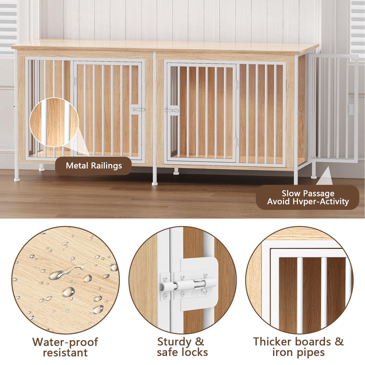 EasyCom 78" Dog Cage Furniture for 2 Dogs, Extra Large Double Dog Crate Furniture Large Breed, XXL Thick Wooden Dog Crate Furniture TV Stand, Sturdy Dog Kennel Furniture Dog Crate with Divider Beige EasyCom