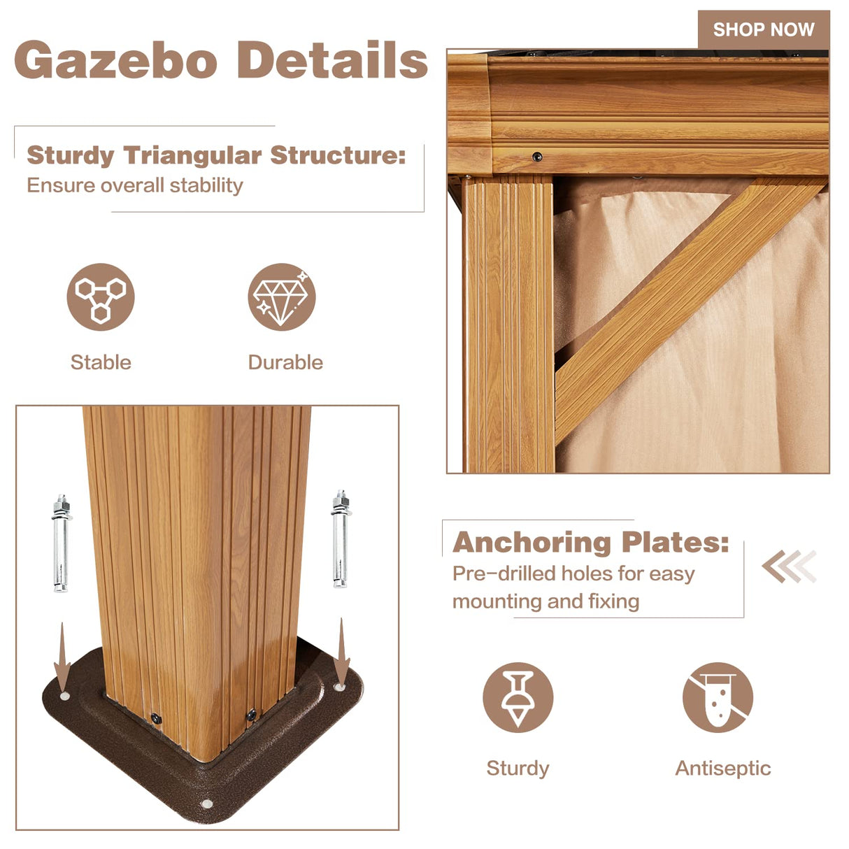 EROMMY 12'x20' Hardtop Gazebo, Wooden Finish Coated Aluminum Frame Gazebo with Galvanized Steel Roof, Outdoor Metal Gazebos with Curtains and Nettings for Patio, Backyard, Deck and Lawns EROMMY