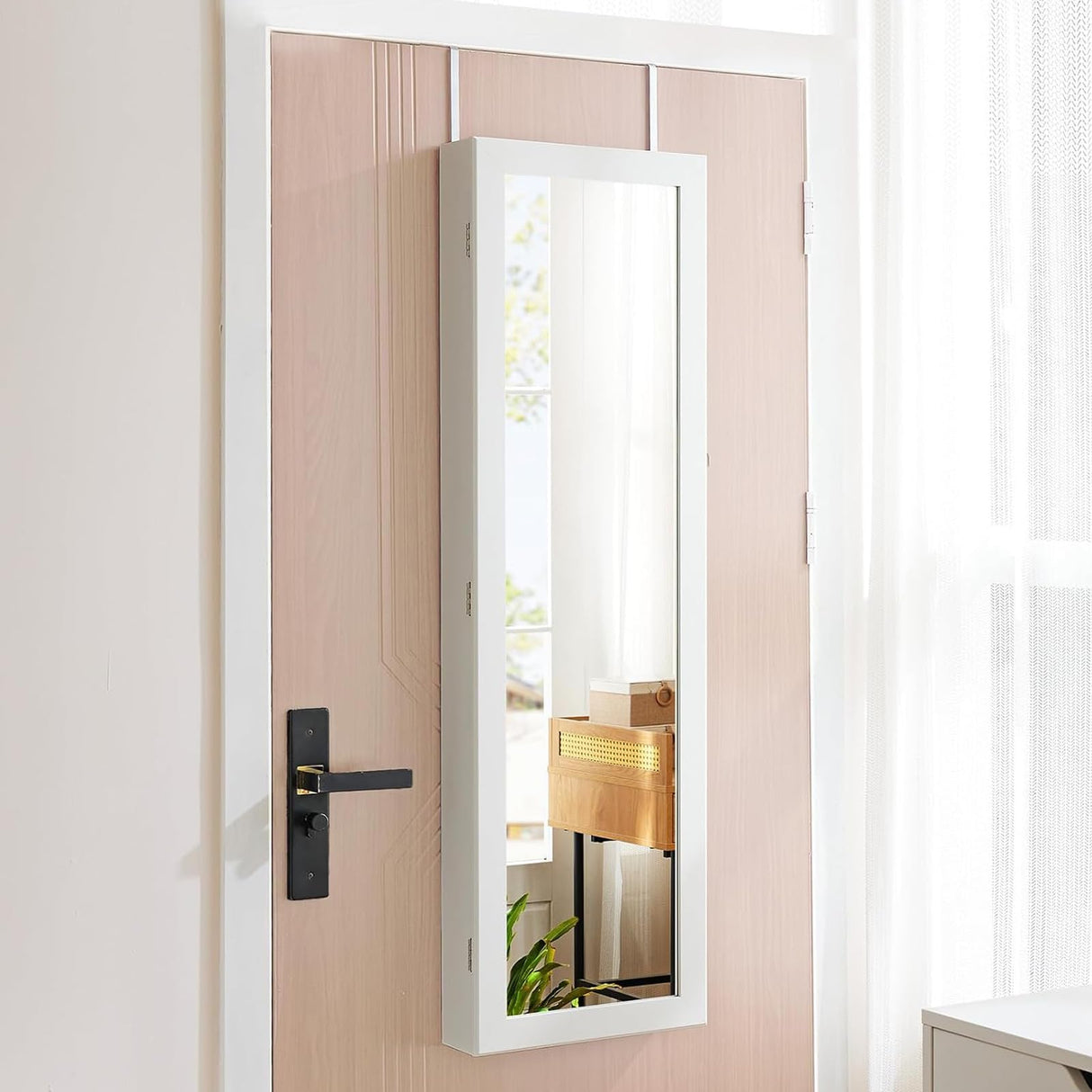 Zibbizo Jewelry Organizer Cabinet, 47.2-Inch Lockable Jewelry Armoire with Full-Length Mirror, Wall or Door-Mounted, Large Storage with 6 LEDs, 3.85" D x 14.25" W x 47.24" H, White Zibbizo