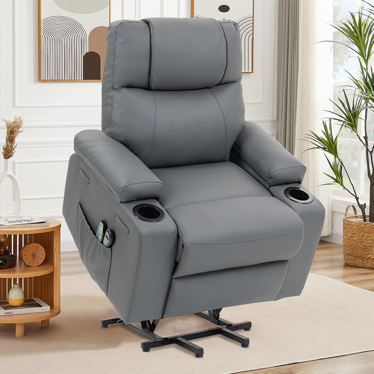 Power Lift Recliner Chair for Elderly, Electric Stand Assist Reclining Chair with Massage and Heat Function, Leather Living Room Furniture, Comfy Single Sofa with Cup Holders, Side Pockets, Gray BRTHORY