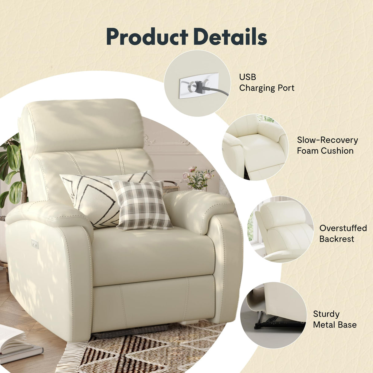 FLEXISPOT X3 Power Recliner Chair, Adjustable Electric Recliner with USB Port, Thick Cushion & Padded Back, Comfortable Faux Leather Chair for Adults, Living Room, Nursery, Home Theater (White) FLEXISPOT