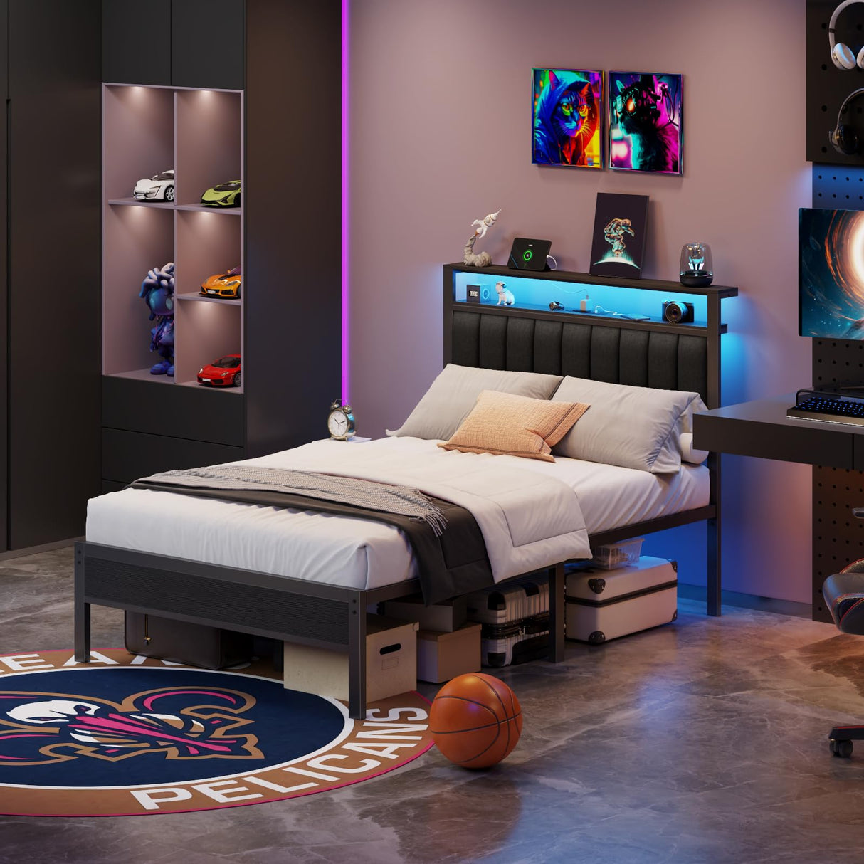 Furnulem Full Size Bed Frame with Charging Station and LED Lights, Platform Bed with Metal Slats, Grey Upholstered Headboard with 2-Tier Storage Shelves, No Box Spring Needed Furnulem