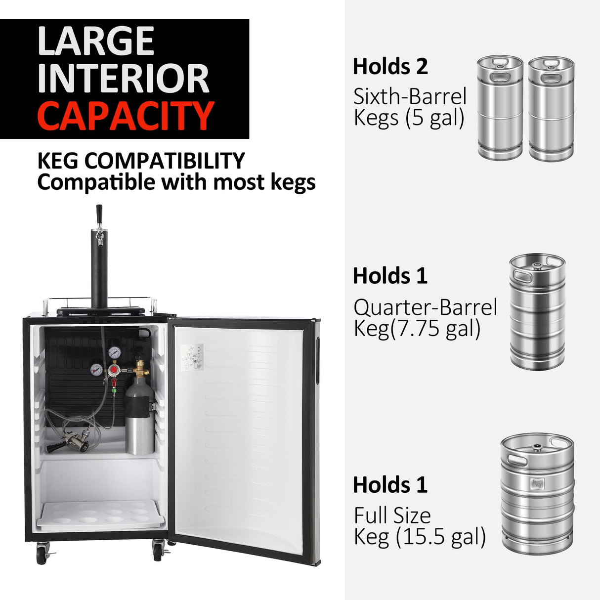 GarveeHome Beer Kegerator, Single Tap Draft Beer Dispenser Full Size Keg Refrigerator With Shelves, Stainless Steel, Drip Tray & Rail,32°F- 50°F Temperature Control Coller 128L GarveeHome