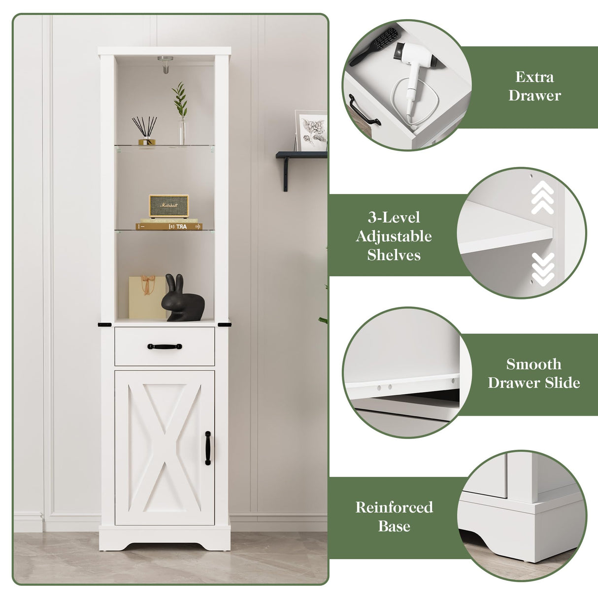 RoyalCraft 75'' Tall Storage Cabinet with LED Light, Farmhouse Pantry Cabinet with Tempered Glass Adjustable Shelves & Barn Door, Freestanding Linen Tower for Bathroom, Living Room, Kitchen, White RoyalCraft