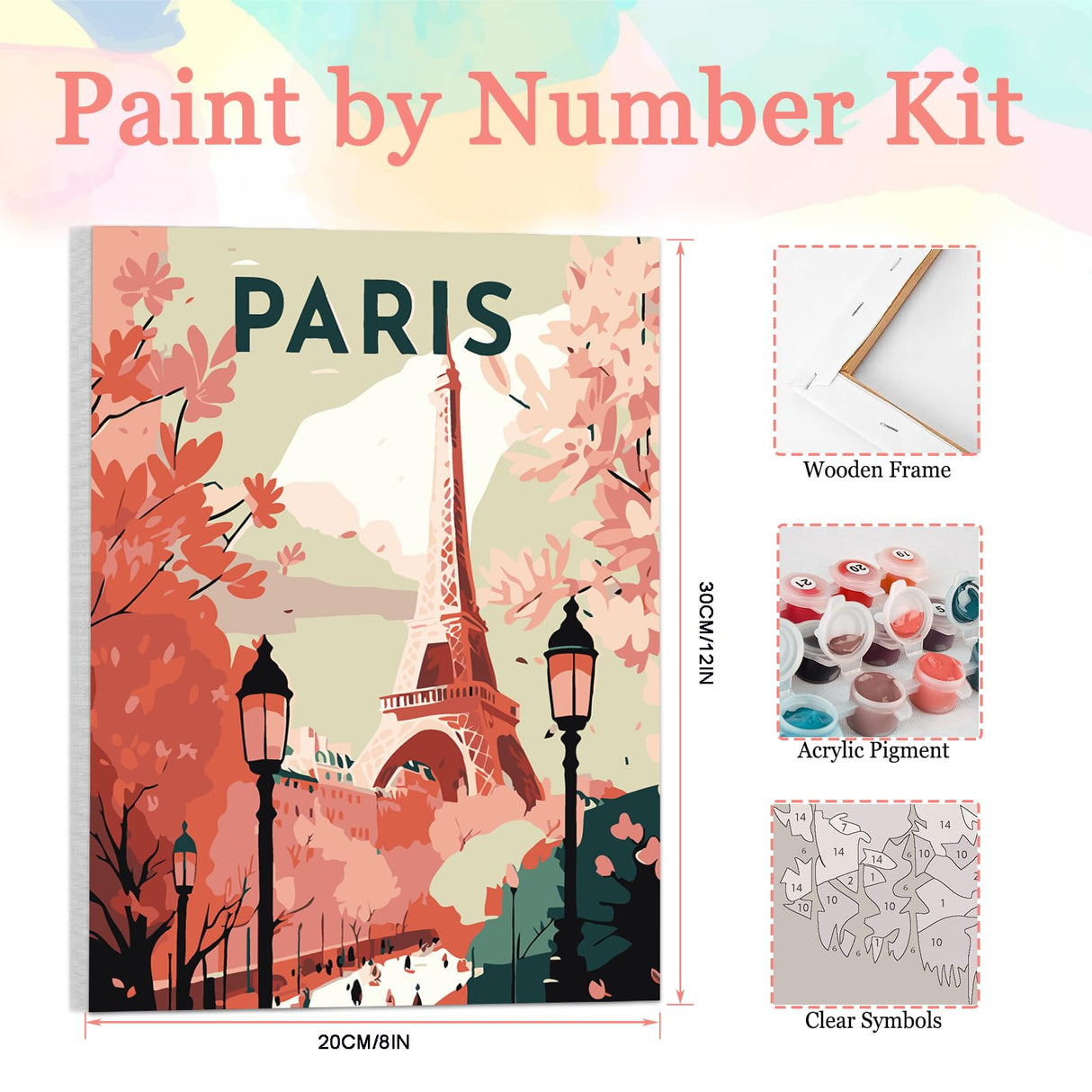 Auremi Paris Paint by Number Kits with Framed, DIY Tower Paint by Number Canvas for Adults, Easy Acrylic in Canvas with Brushes for Decor 20x30cm Auremi