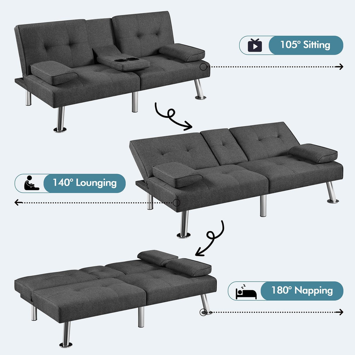 Yaheetech Convertible Sofa Bed Adjustable Fabric Couch Sleeper Modern Recliner Reversible Loveseat Folding Daybed Guest Bed, Removable Armrests, Cup Holders, 3 Angles, 772lb Capacity, Dark Gray Yaheetech
